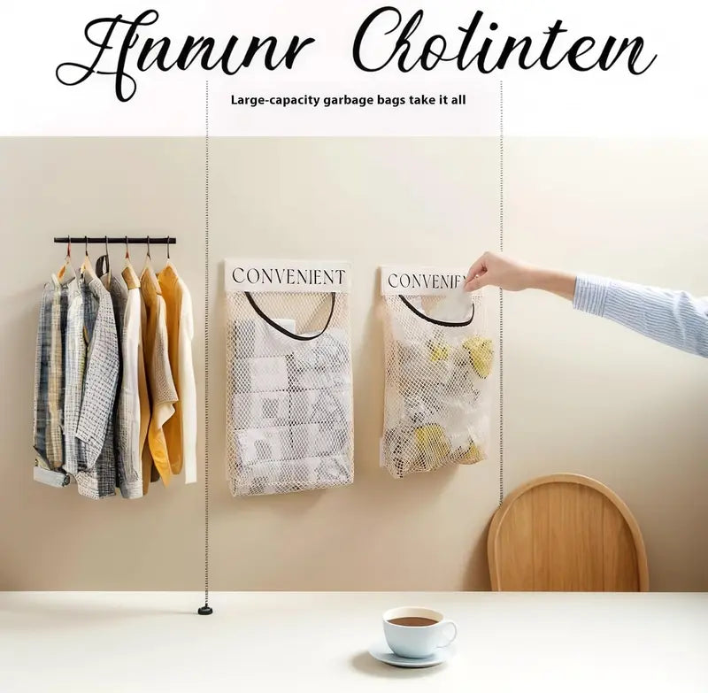 Adhesive Wall-Mounted Mesh Bag Organizer for Kitchen & Closet