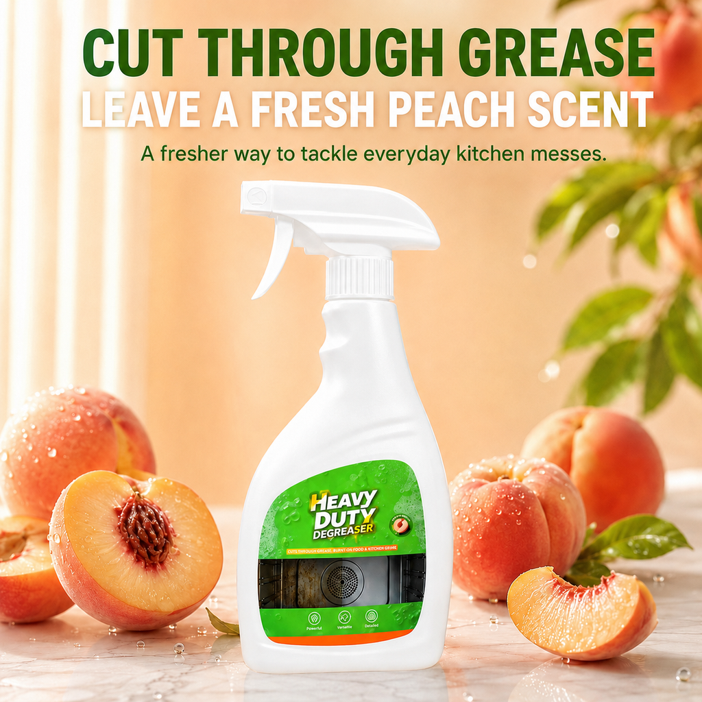 Peach-scented kitchen degreaser spray bottle