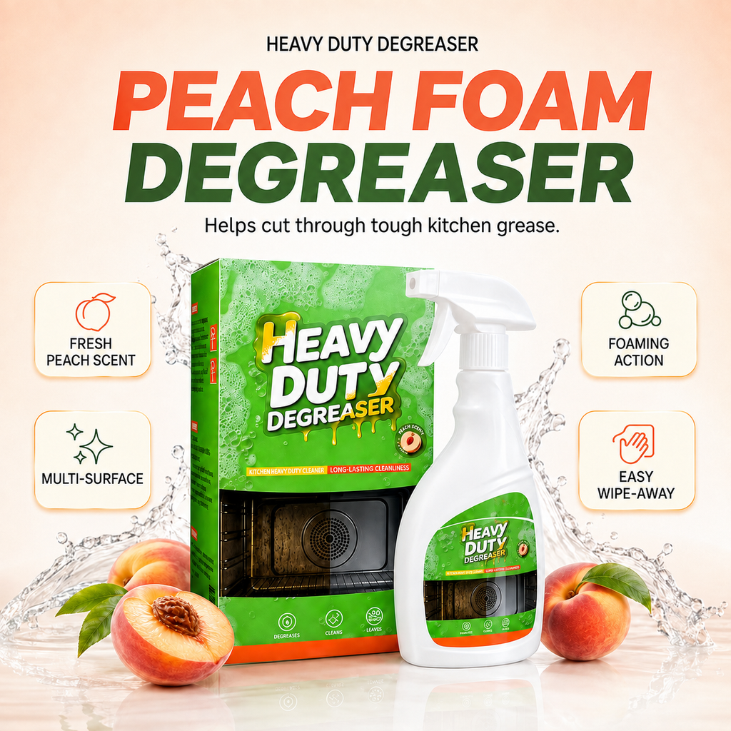Peach-scented heavy duty kitchen degreaser spray bottle and box