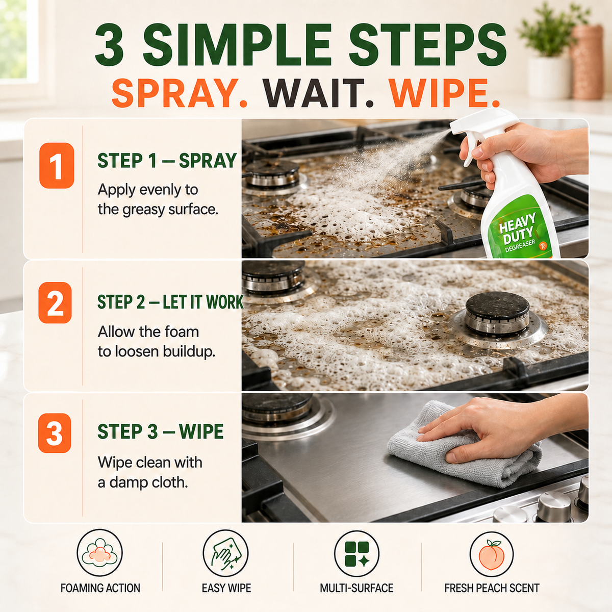 Steps for applying and wiping kitchen degreaser