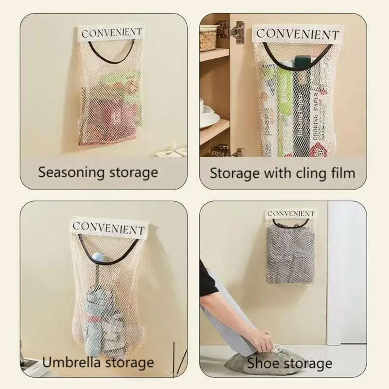 Adhesive Wall-Mounted Mesh Bag Organizer for Kitchen & Closet