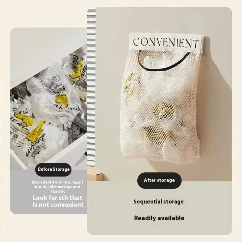 Adhesive Wall-Mounted Mesh Bag Organizer for Kitchen & Closet