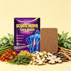 Sciatic Nerve Care Patch purple pouch and brown patch with botanical styling