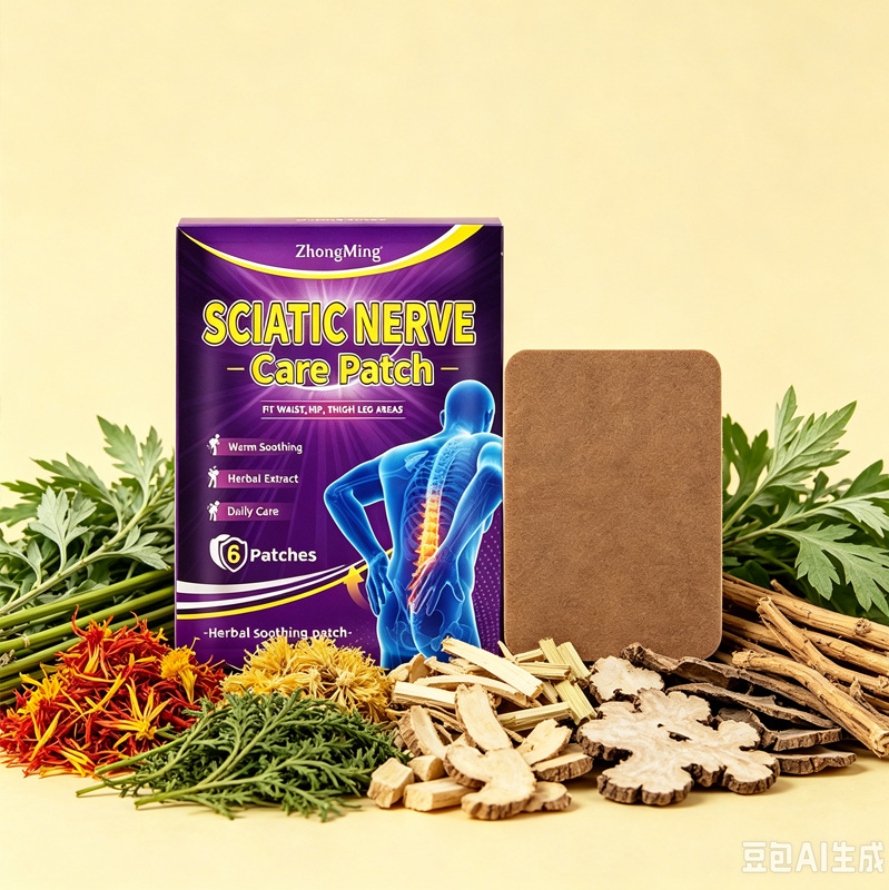 Sciatic Nerve Care Patch purple pouch and brown patch with botanical styling