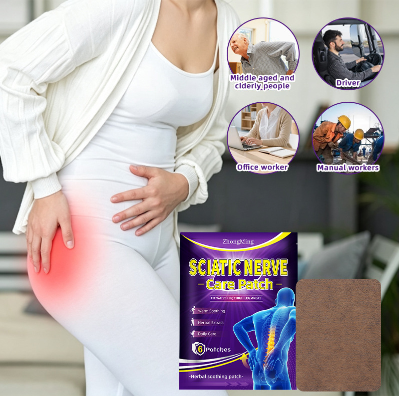 Sciatic Nerve Care Patch packaging beside hip-area lifestyle scene