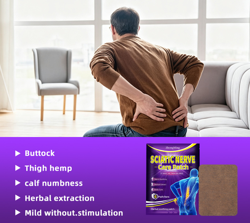 Sciatic Nerve Care Patch packaging beside lower-back lifestyle scene