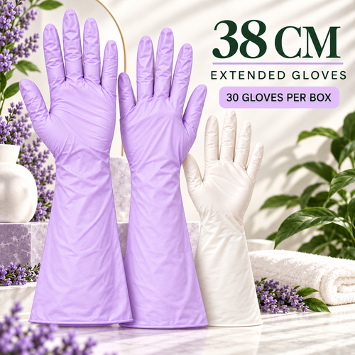 Morlysa 38 cm extended disposable gloves, 30-count box, Lavender and Pearl White