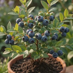 Mature blueberry shrub with blue-purple berry clusters