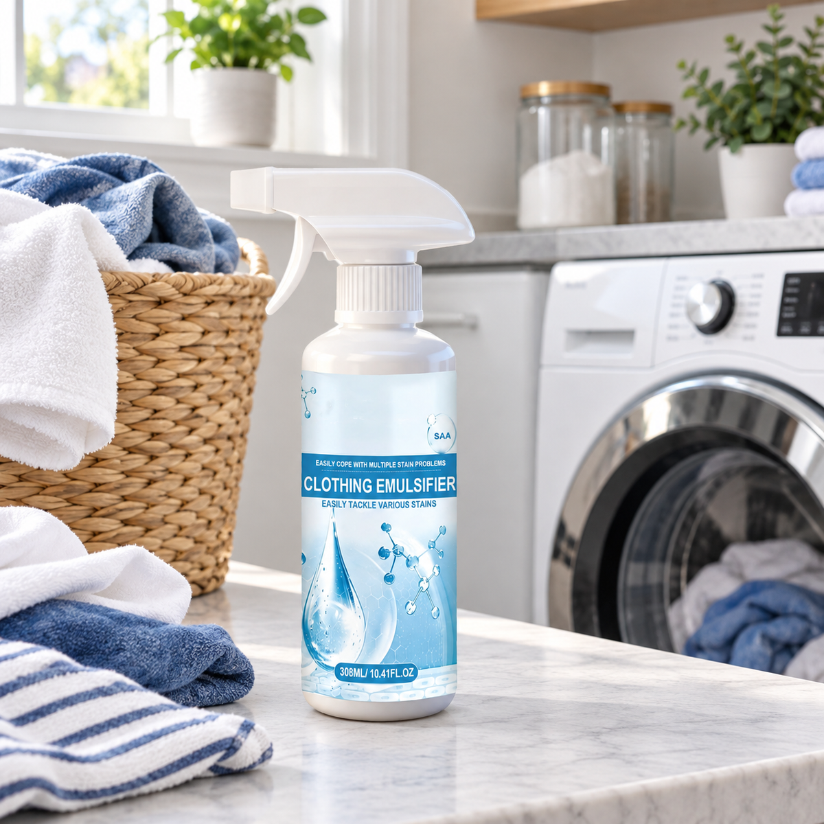 Stain remover spray beside a laundry basket and washing machine