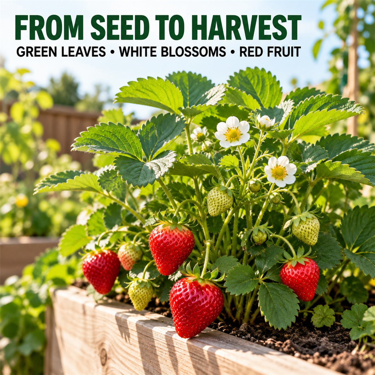Strawberry plant journey from leafy growth to red fruit
