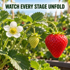 White strawberry blossoms, green fruit, and mature red strawberries