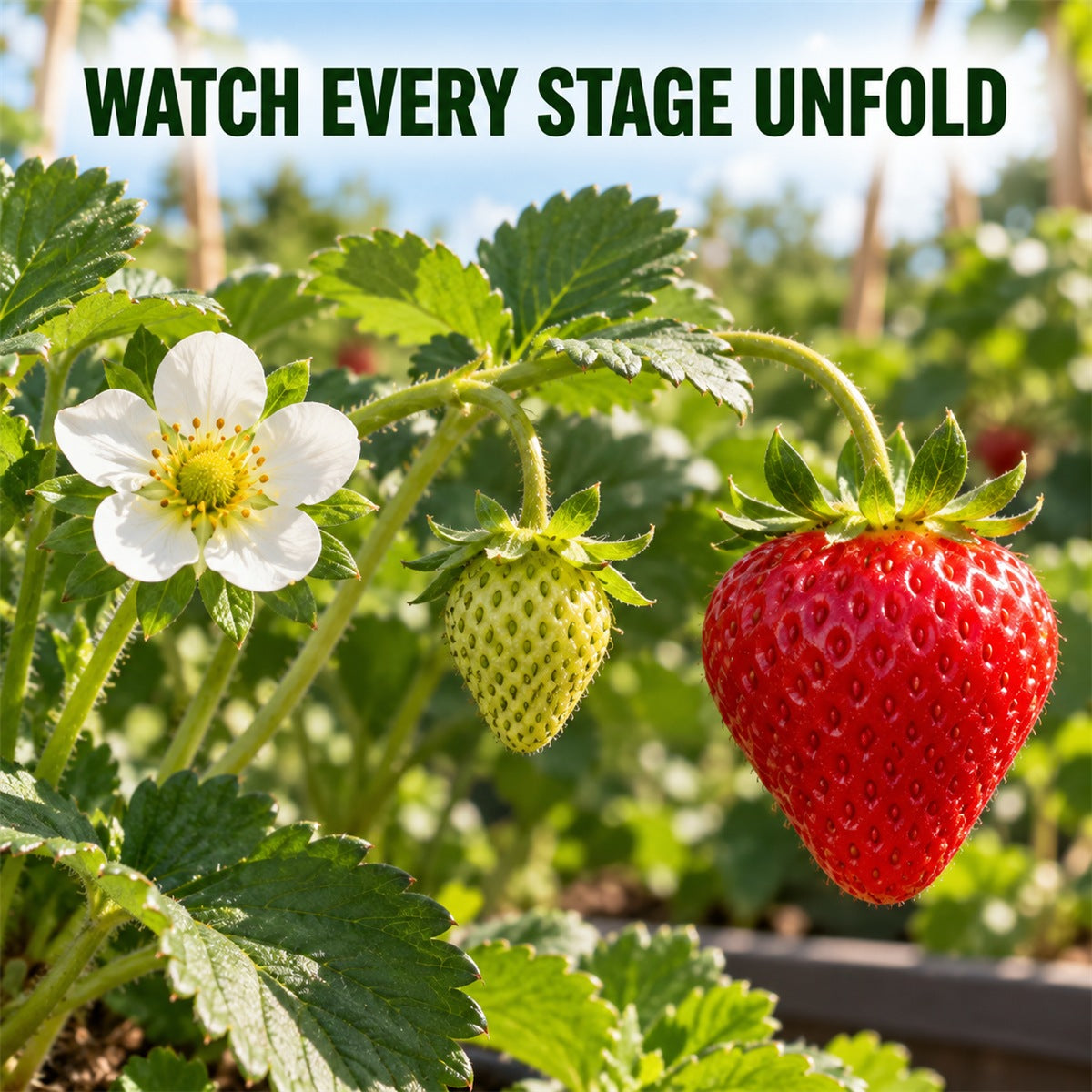 White strawberry blossoms, green fruit, and mature red strawberries