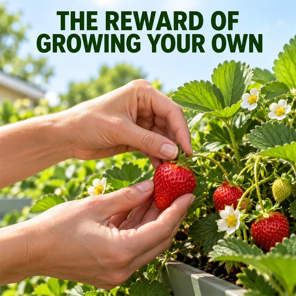 Hand picking a mature red strawberry from a leafy plant
