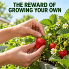 Hand picking a mature red strawberry from a leafy plant