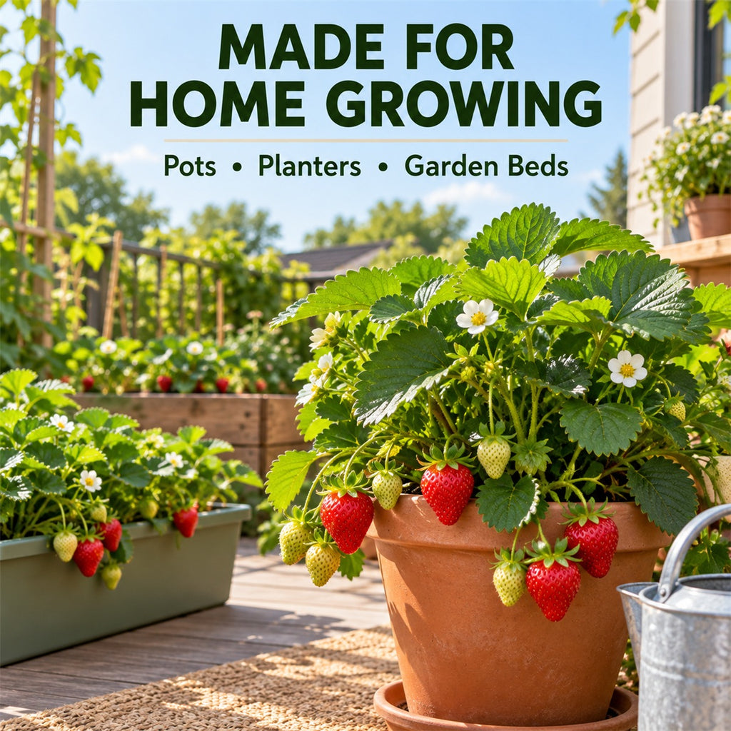 Strawberry plants growing in home planters and a garden bed