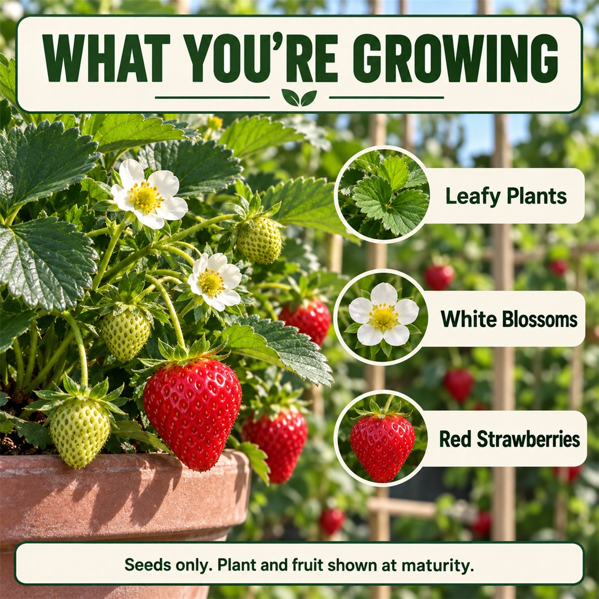 Strawberry plant features including foliage, blossoms, and red fruit