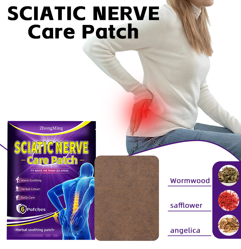 ZhongMing Sciatic Nerve Care Patch, purple 6-patch pouch and brown patch; customer-supplied image